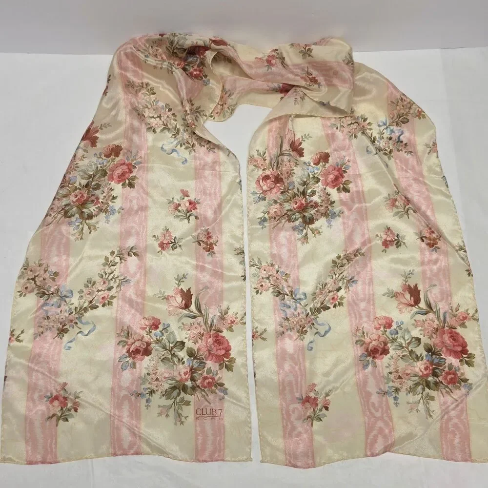 Silk Scarf Bundle Of 2 Floral Straped Scarves Cream Hot Pink By ECHO And Honey